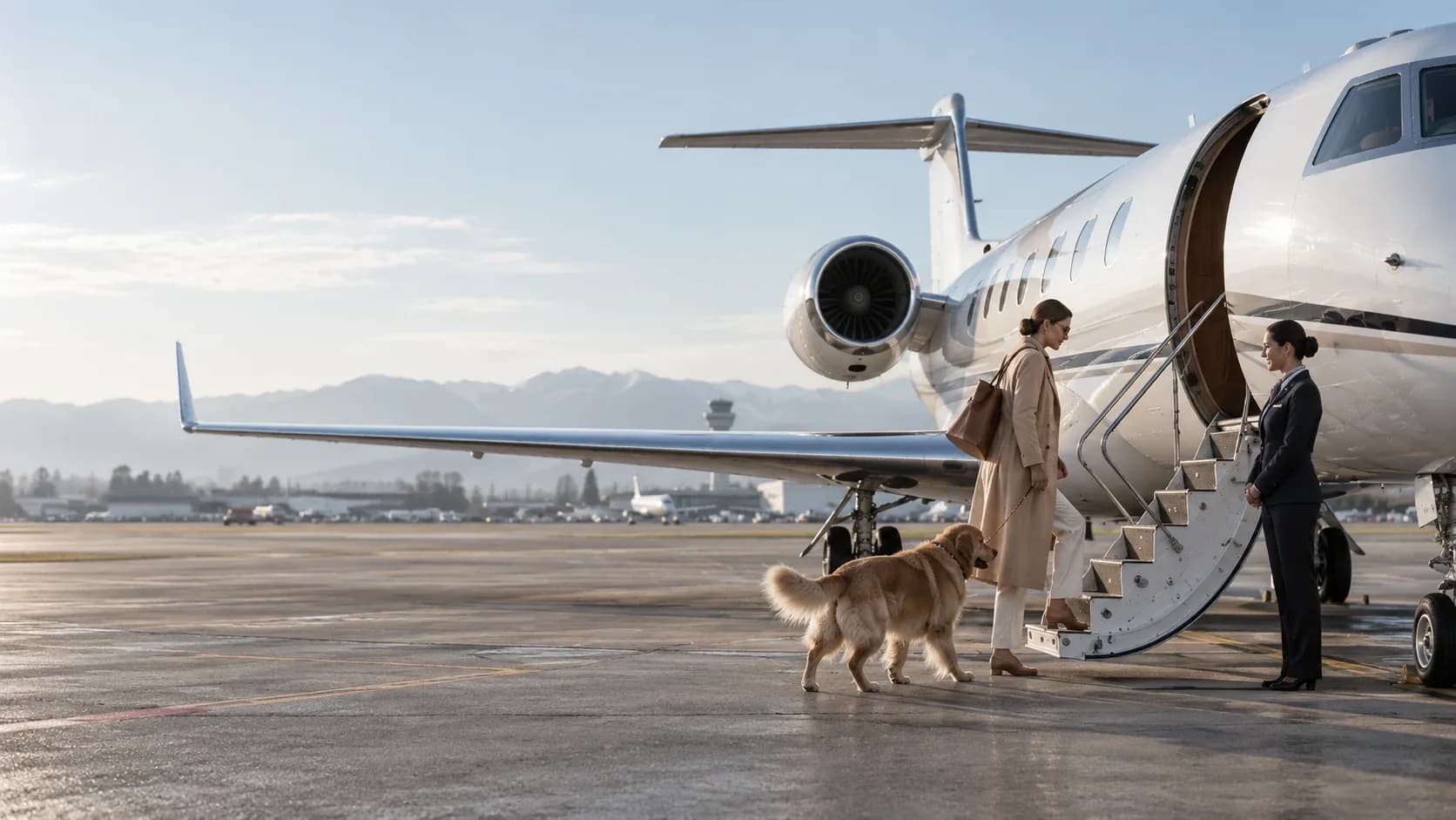Reisende mit Hund beim Einstieg in einen Privatjet
