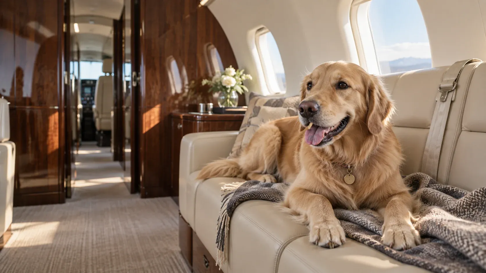 Golden Retriever in der Kabine eines Privatjets